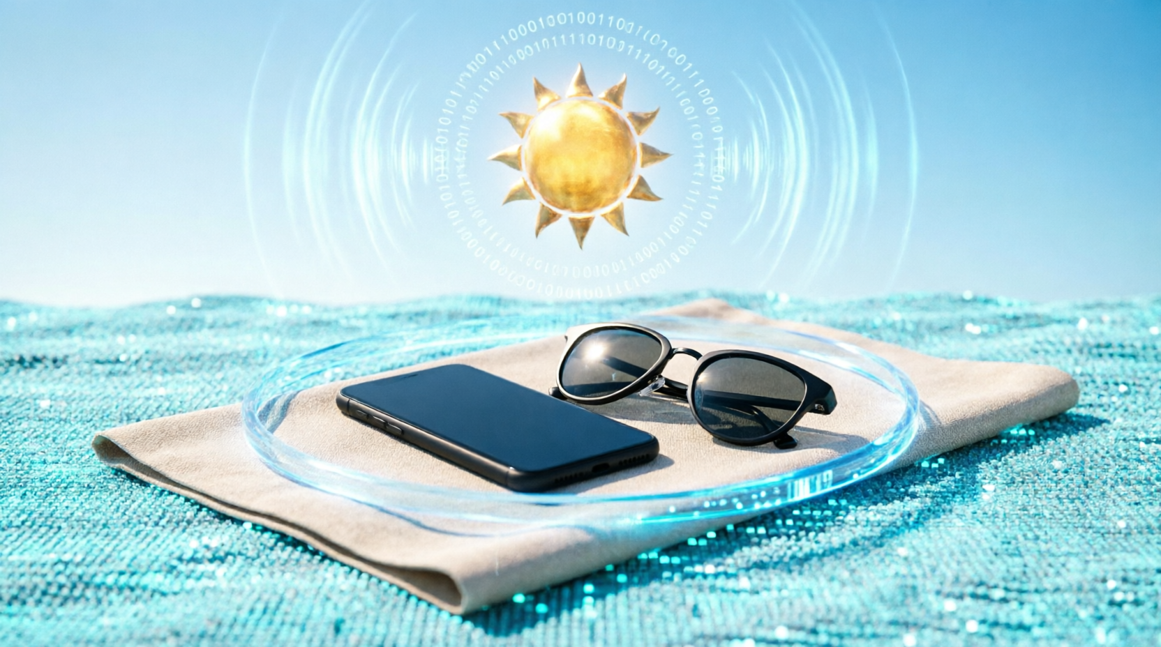 Móvil y gafas de sol protegidos por un escudo holográfico en la playa, con un sol rodeado de código binario.